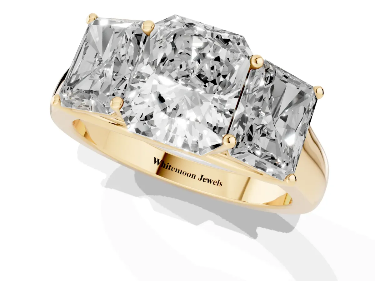 Radiant Cut Three-Stone Diamond Ring with Prong Setting on a Classic Band Yellow gold