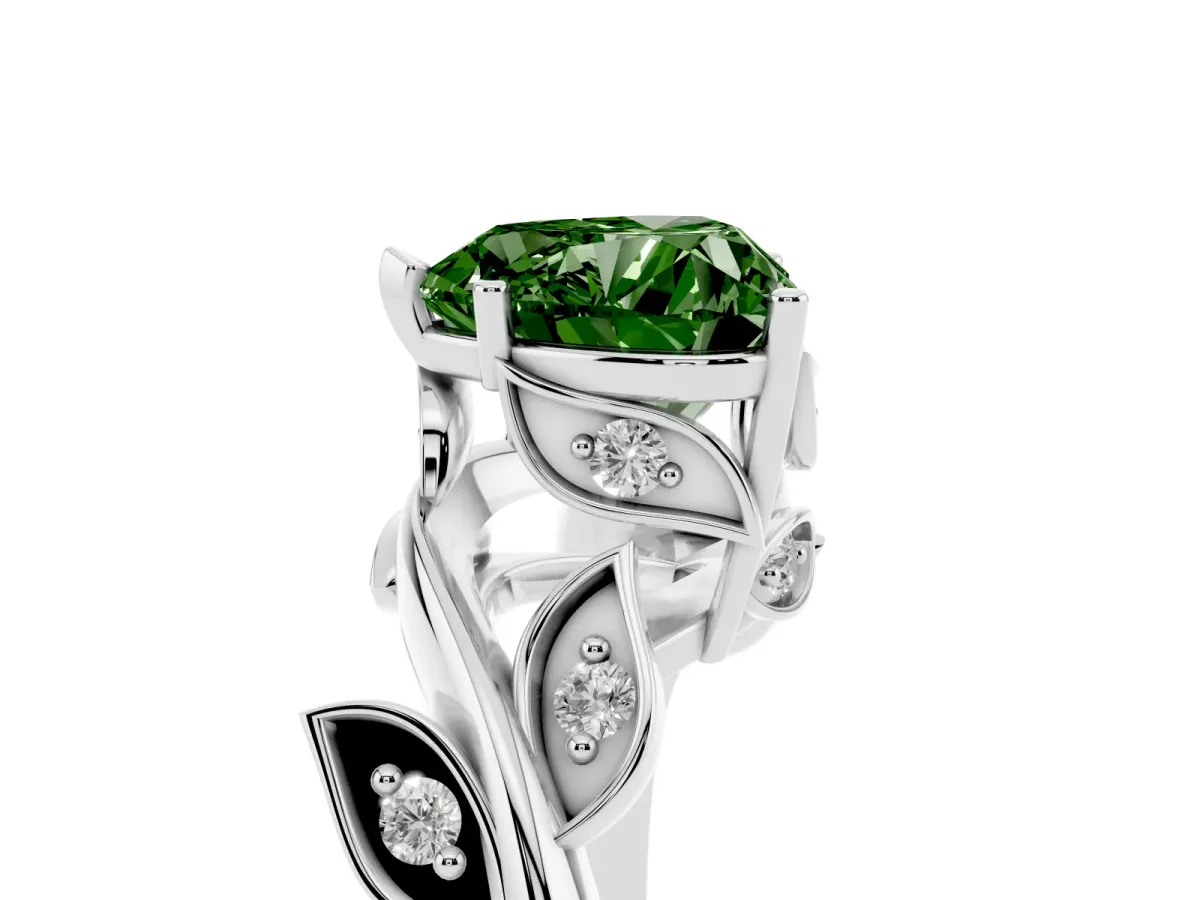 Fancy Green Heart Cut Solitaire Twist Engagement Ring with Leaf Accents and Prong Setting Silver