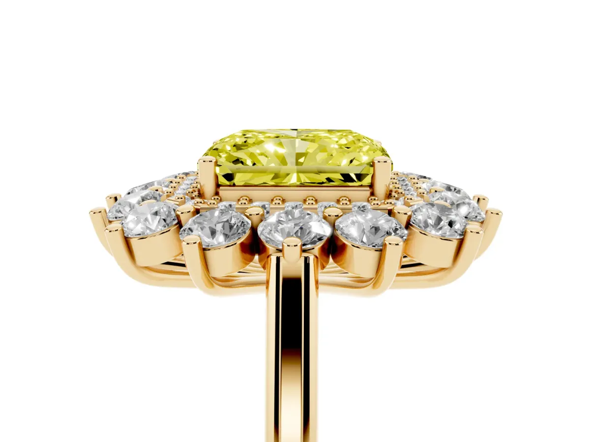Fancy Yellow Radiant Cut Diamond Floral Double Halo Engagement Ring with Prong Setting Yellow gold