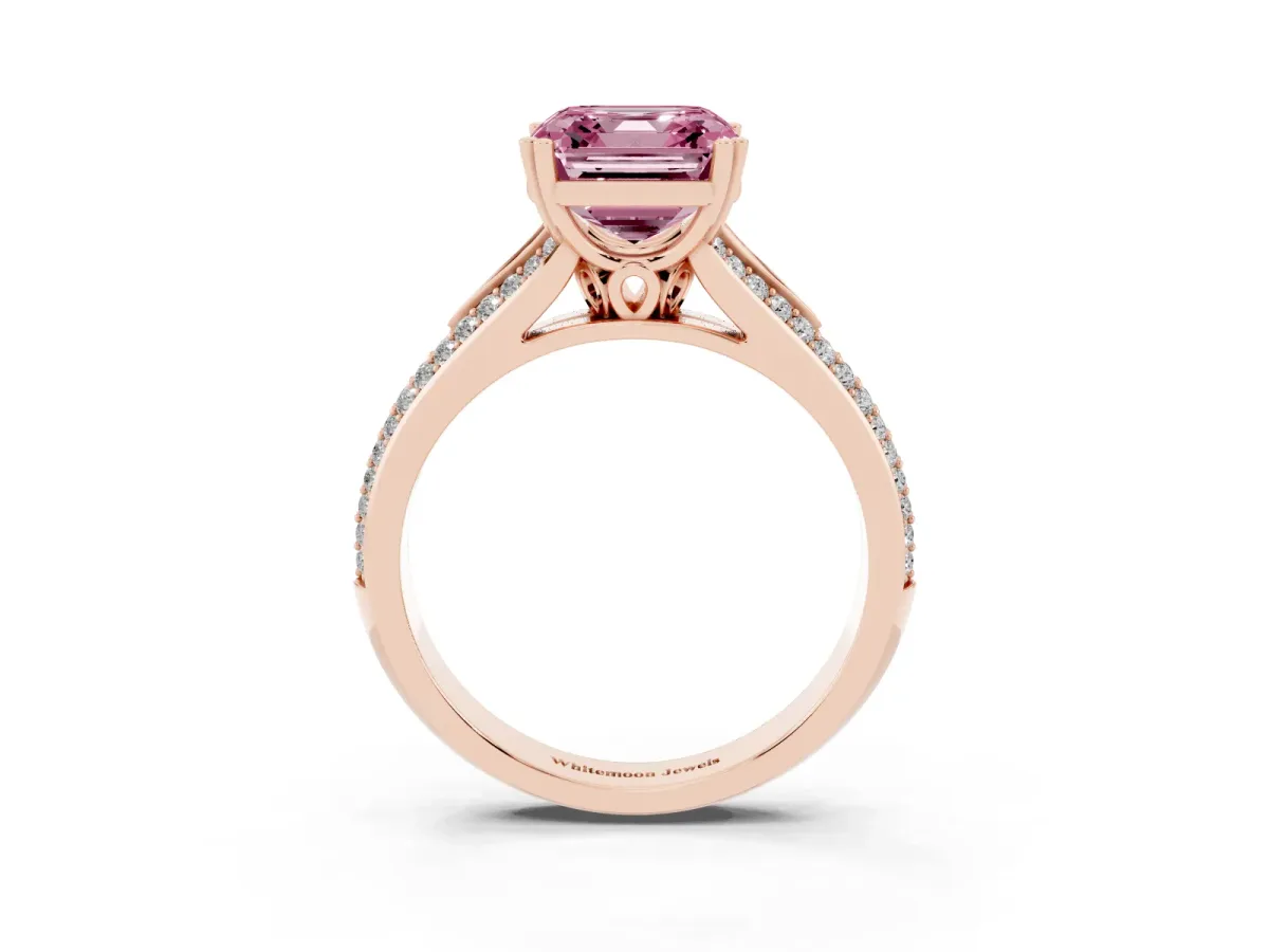 Fancy Pink Asscher Cut Diamond Split Shank Engagement Ring with Pavé Band Rose gold