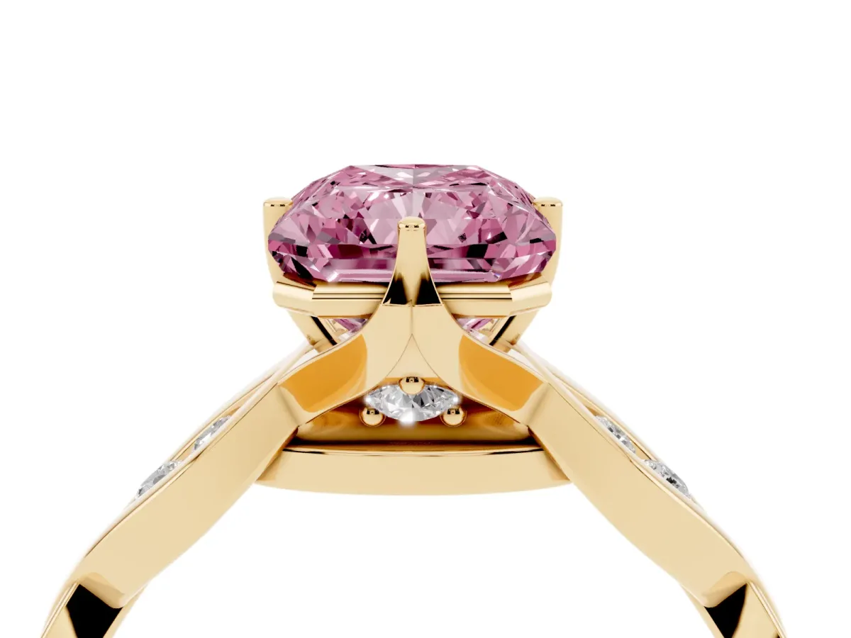 Fancy Pink Radiant Cut Solitaire Twist Band with Leaf Prong Setting Yellow gold