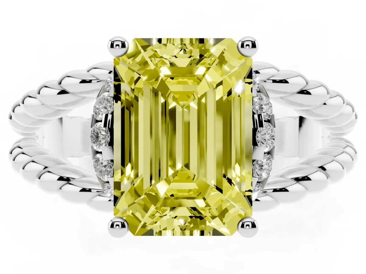 Fancy Yellow Emerald Cut Halo Twisted Band Four-Prong Ring Silver