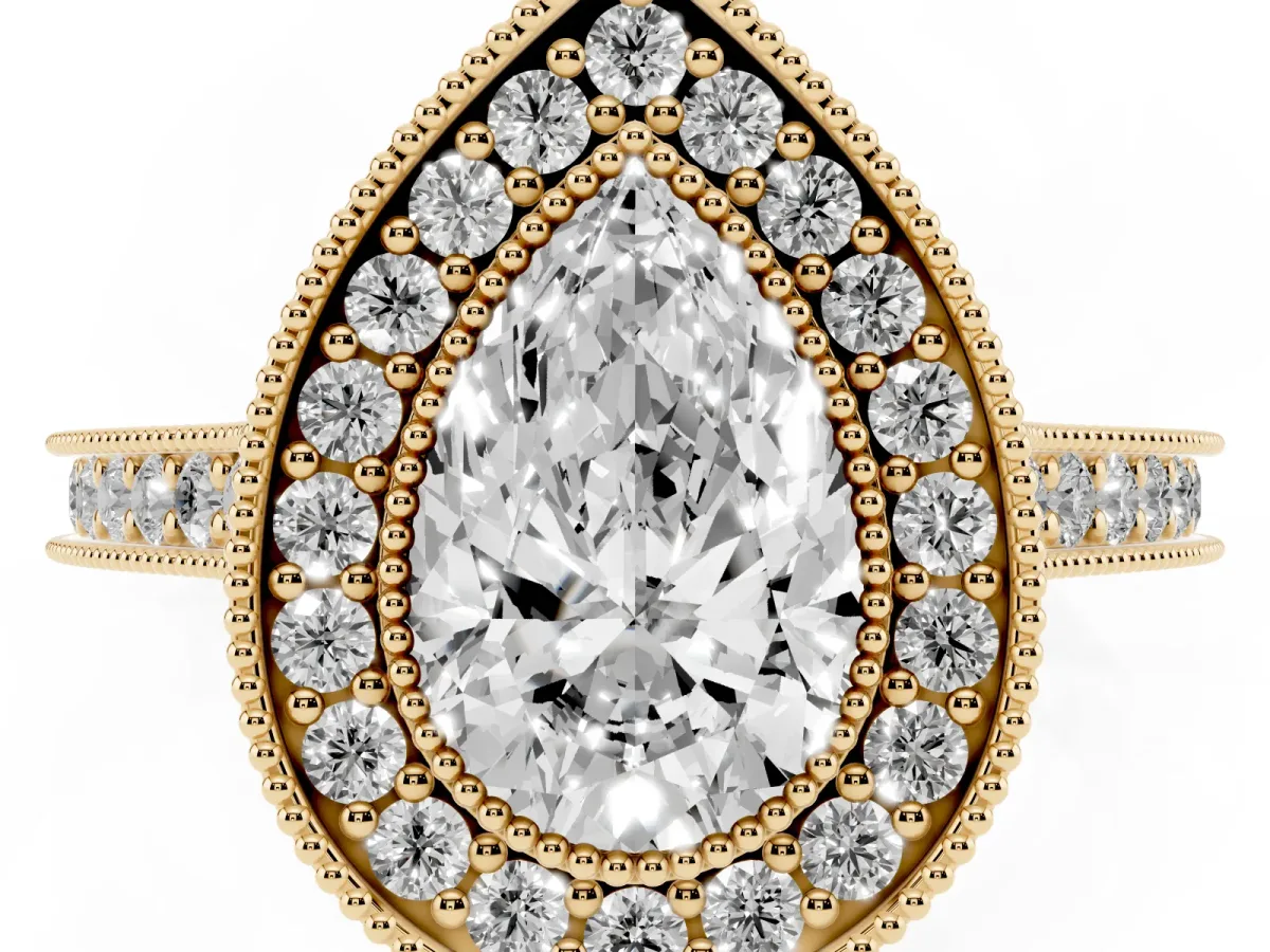 Halo Pear Cut-Cut Diamond Pave Band Milgrain Prong Setting Ring Yellow gold