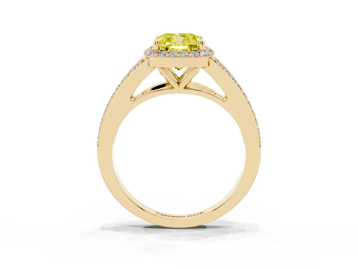 Fancy Yellow Cushion Cut Halo Split Shank Diamond Ring with Prong Setting Yellow gold