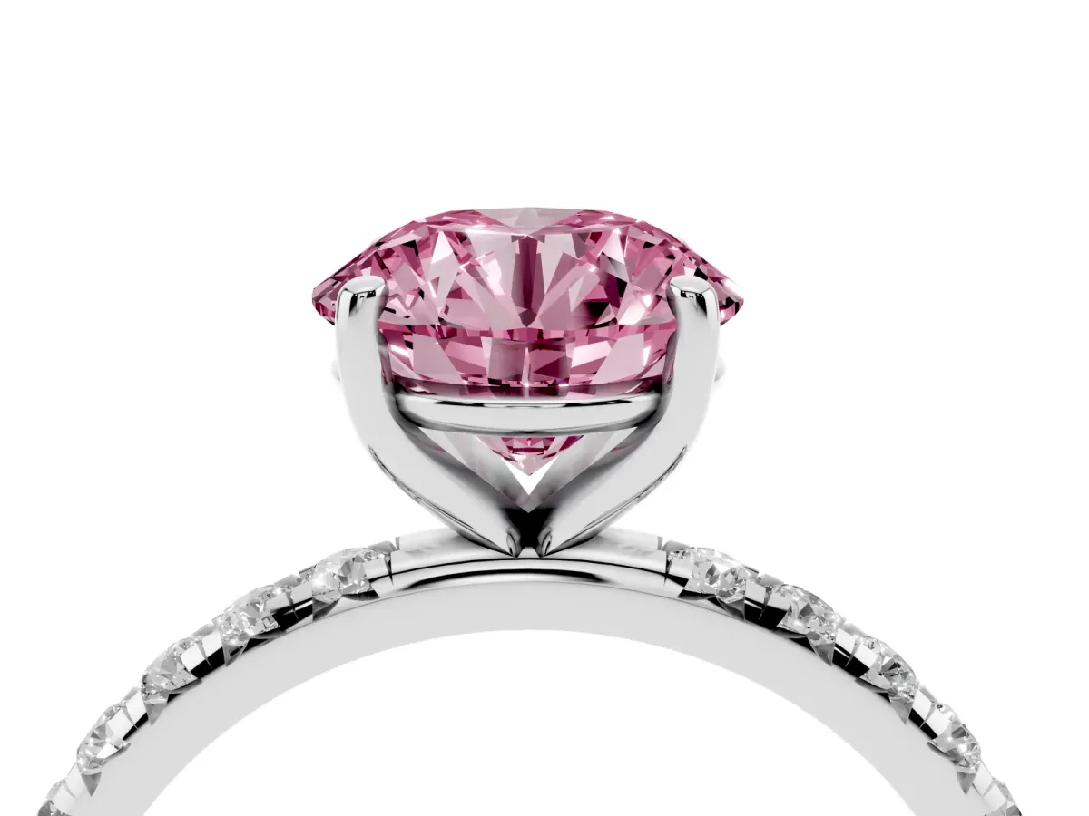 Fancy Pink Round Cut Cut Diamond Solitaire Ring with Micro Pave Band and Four Prong Setting Platinum