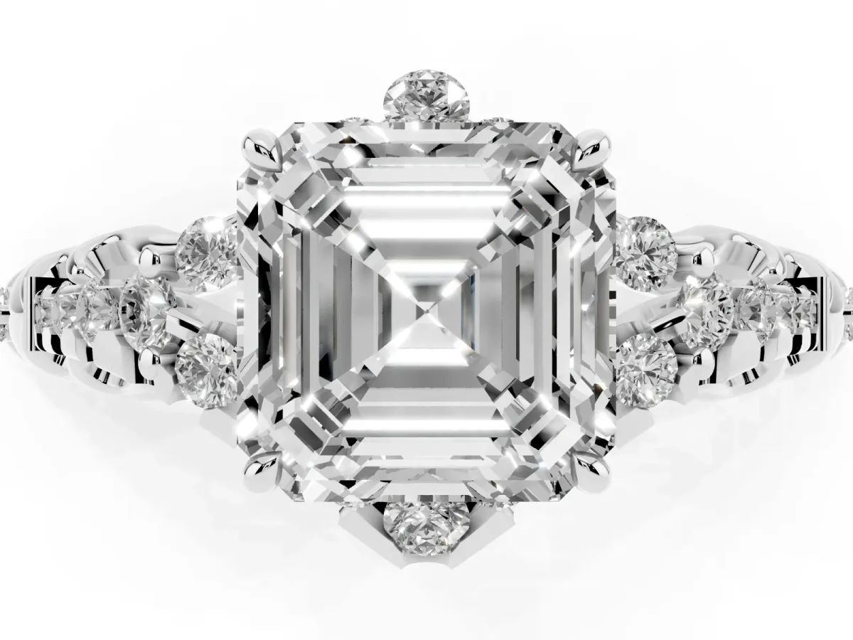 Asscher Cut Diamond Solitaire Ring with Hidden Halo and Pavé Band Platinum