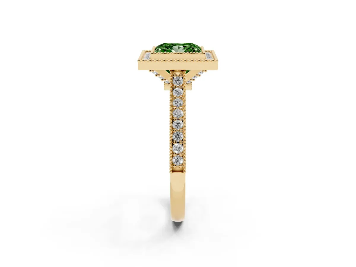 Fancy Green Halo Princess Cut-Cut Diamond Pave Band Milgrain Prong Setting Ring Yellow gold