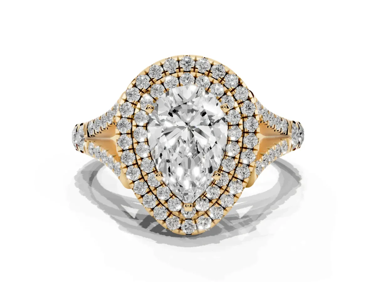 Pear Cut Cut Double Halo Split Shank Diamond Ring with Prong Setting Yellow gold