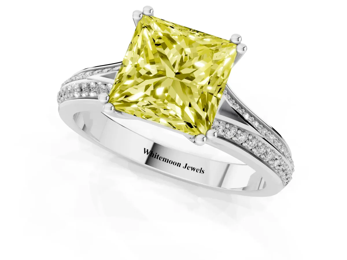 Fancy Yellow Princess Cut Diamond Split Shank Engagement Ring with Pavé Band Silver