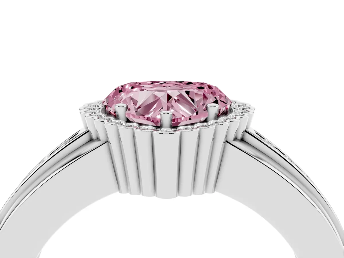 Fancy Pink Heart Cut Cut Halo Pave Band Four-Prong Ring Silver