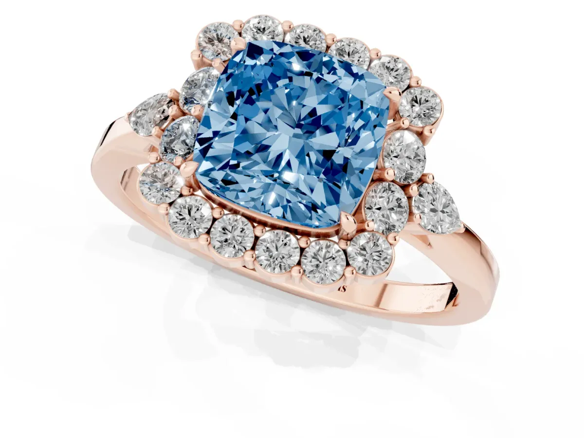 Fancy Blue Cushion Cut Diamond Halo Ring with Pear Side Stones and Prong Setting Rose gold