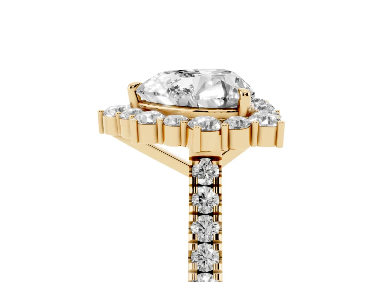 Heart Cut Halo Diamond Ring with Pavé Band and Prong Setting Yellow gold