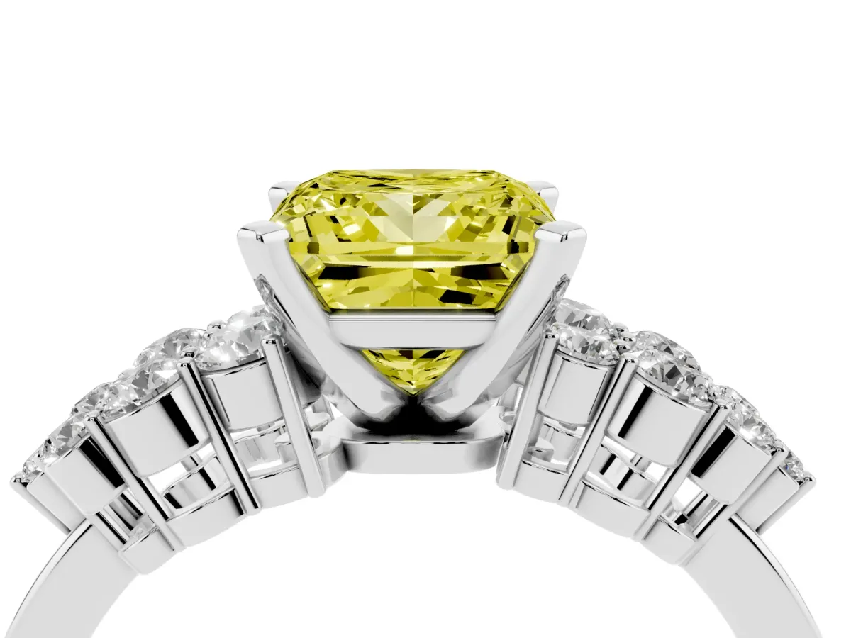 Fancy Yellow Princess Cut Cluster Diamond Engagement Ring with Pavé Band and Four-Prong Setting Platinum