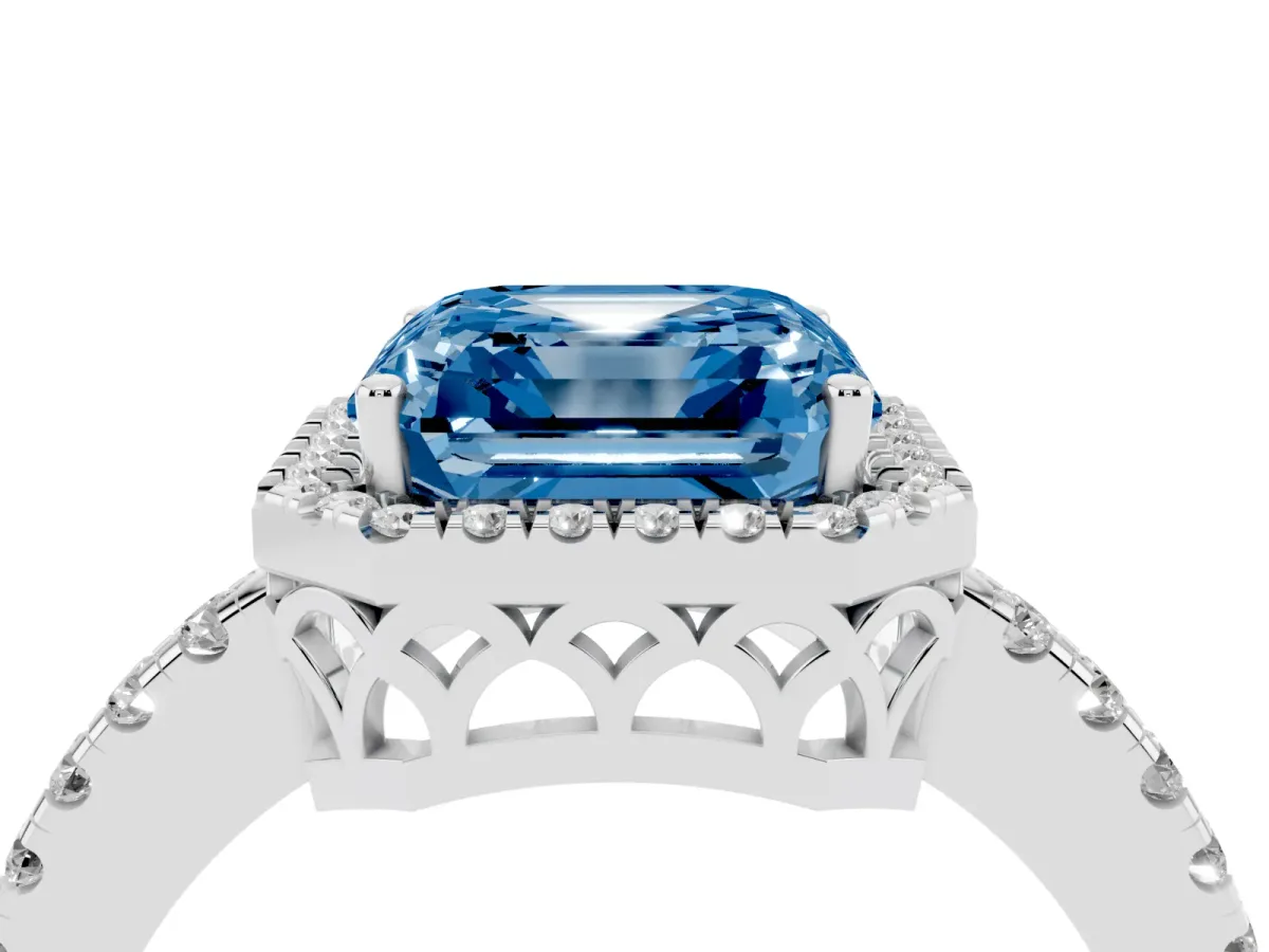 Fancy Blue Asscher Cut Halo Diamond Engagement Ring with Pavé Band and Four-Prong Setting Platinum
