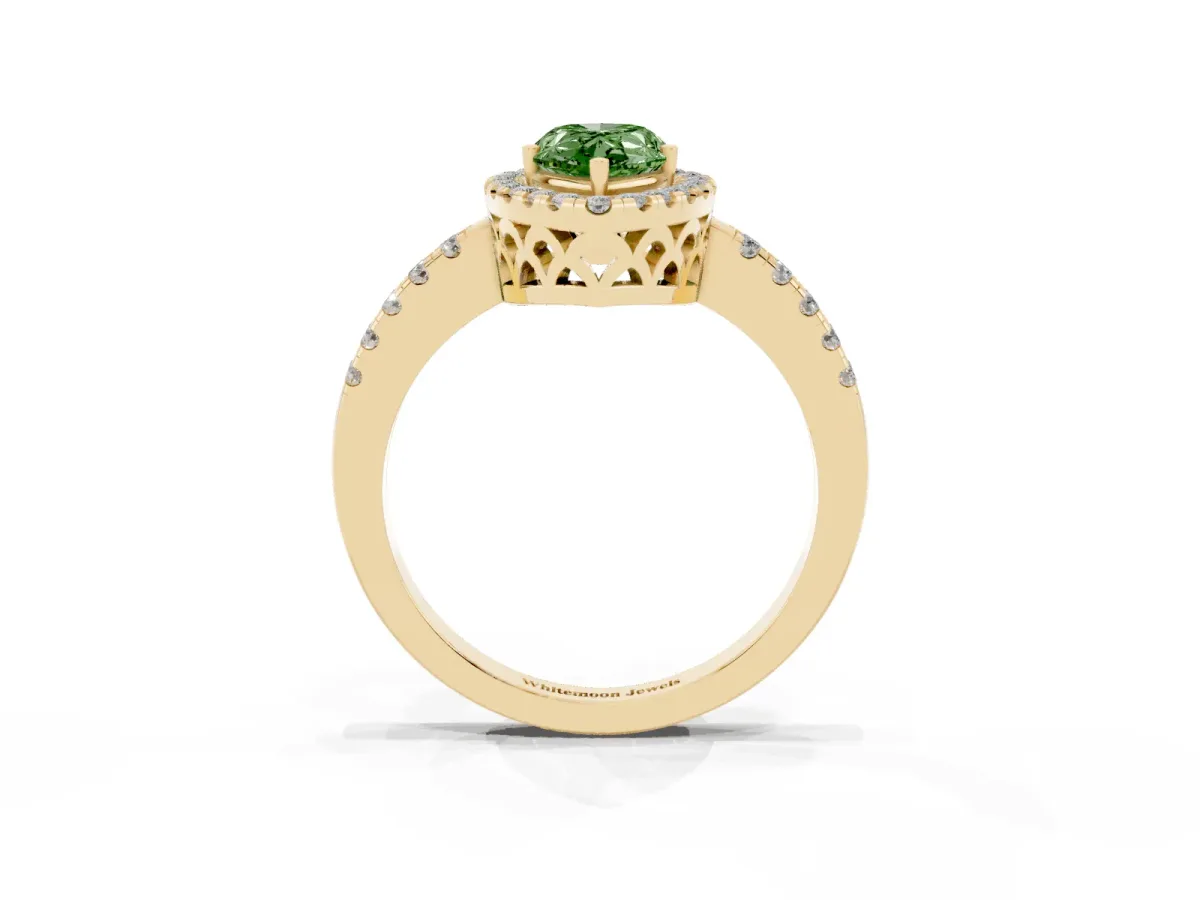 Fancy Green Pear Cut Halo Diamond Engagement Ring with Pavé Band and Four-Prong Setting Yellow gold