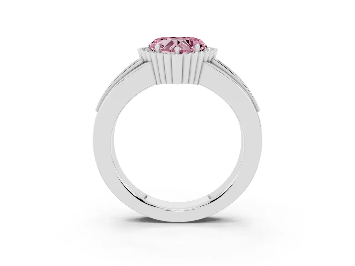 Fancy Pink Heart Cut Cut Halo Pave Band Four-Prong Ring Silver