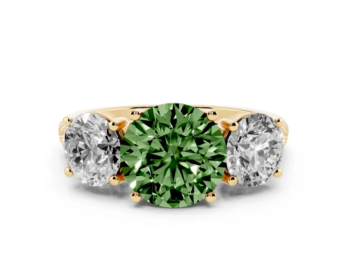 Fancy Green Three-Stone Round Cut Diamond Ring with Round Pavé Band and Prong Setting Yellow gold