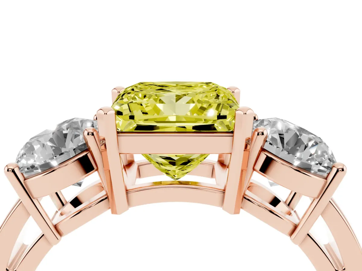 Fancy Yellow Three-Stone Princess Cut Diamond Ring with Round Side Stones, Classic Band, and Four-Prong Setting Rose gold