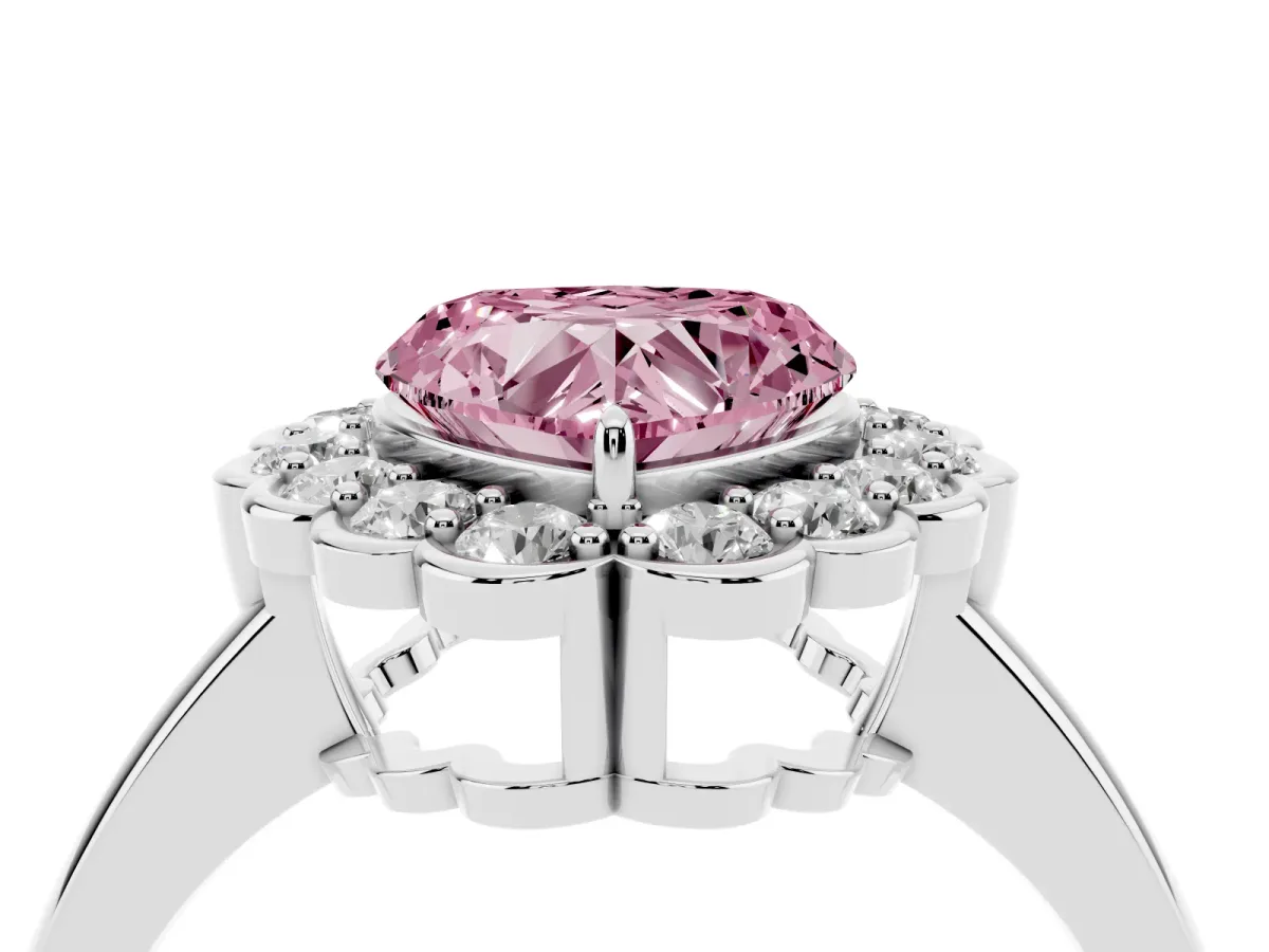 Fancy Pink Heart Cut Halo Cluster Diamond Engagement Ring with Solitaire Band and Prong Setting Platinum
