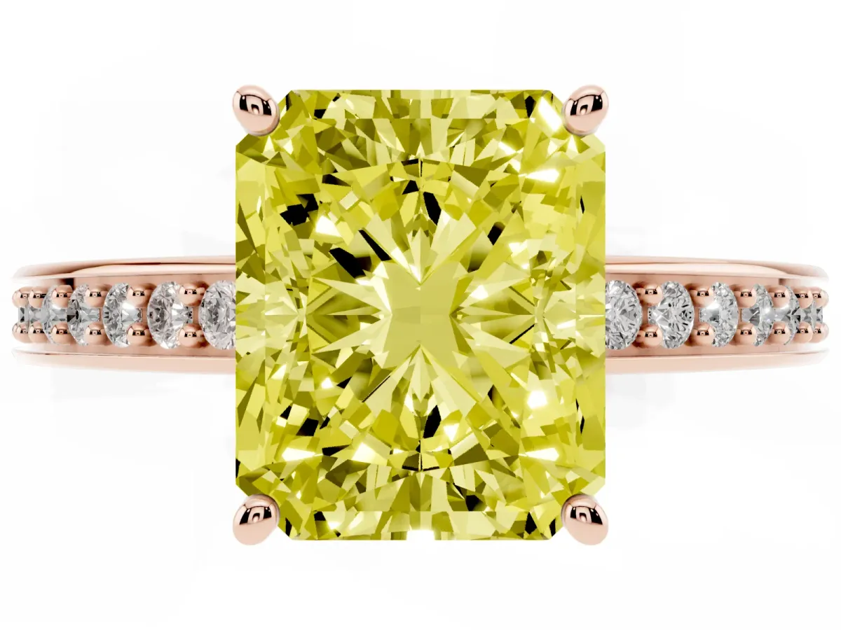Fancy Yellow Radiant Cut Solitaire Pavé Band Prong Setting Ring Rose gold