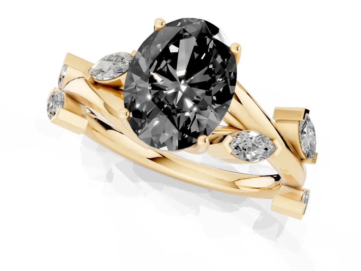Fancy Black Oval Cut Solitaire Twisted Band Marquise Accent Prong Setting Ring Yellow gold