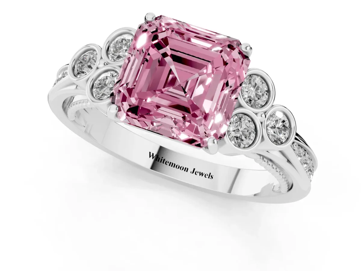 Fancy Pink Asscher Cut Cut Diamond Engagement Ring with Bezel Set Round Side Stones and Prong Setting White gold