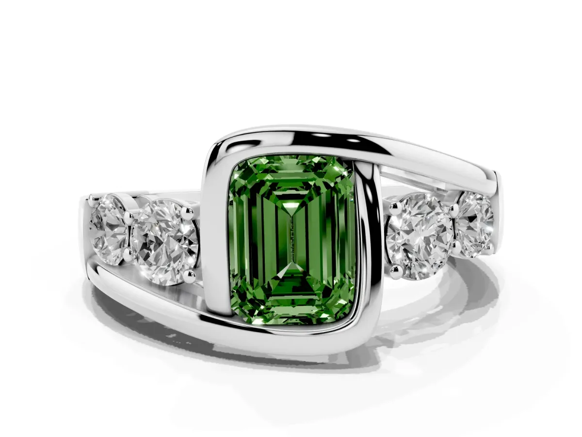 Fancy Green Bezel Set Emerald Cut Diamond Bypass Ring with Round Accents Silver