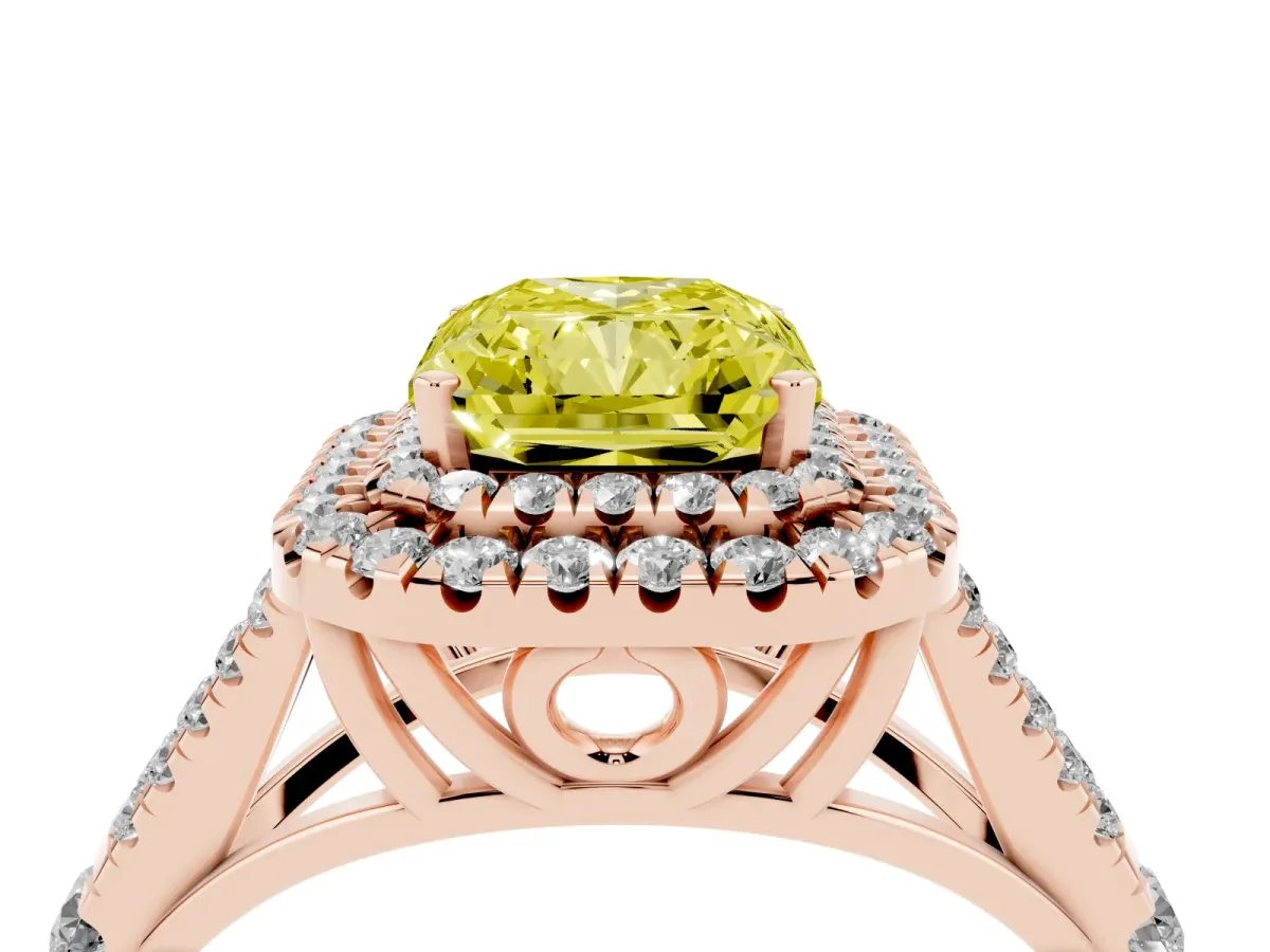 Fancy Yellow Radiant Cut Diamond Double Halo Ring with Split Shank and Prong Setting Rose gold