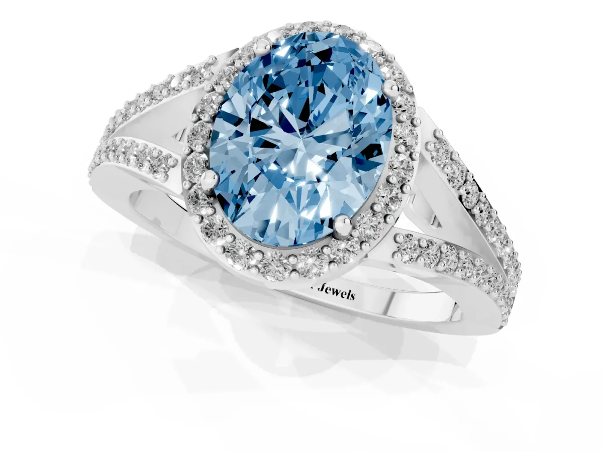 Fancy Blue Oval Cut Halo Split Shank Pave Diamond Ring with Four-Prong Setting Silver