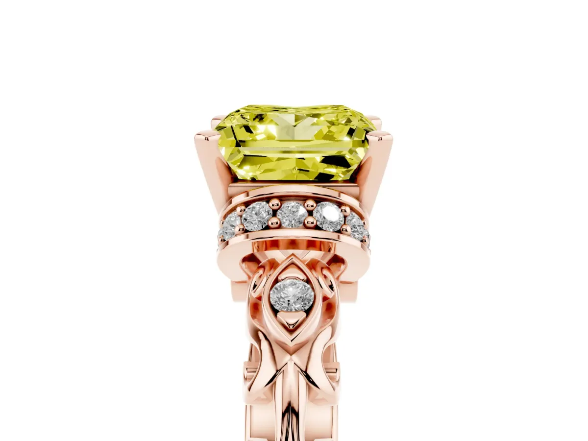 Fancy Yellow Princess Cut Diamond Solitaire Ring with Filigree Band and Four-Prong Setting Rose gold
