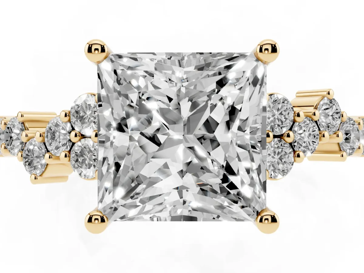Princess Cut Diamond Scattered Round Accent Ring with Prong Setting Yellow gold