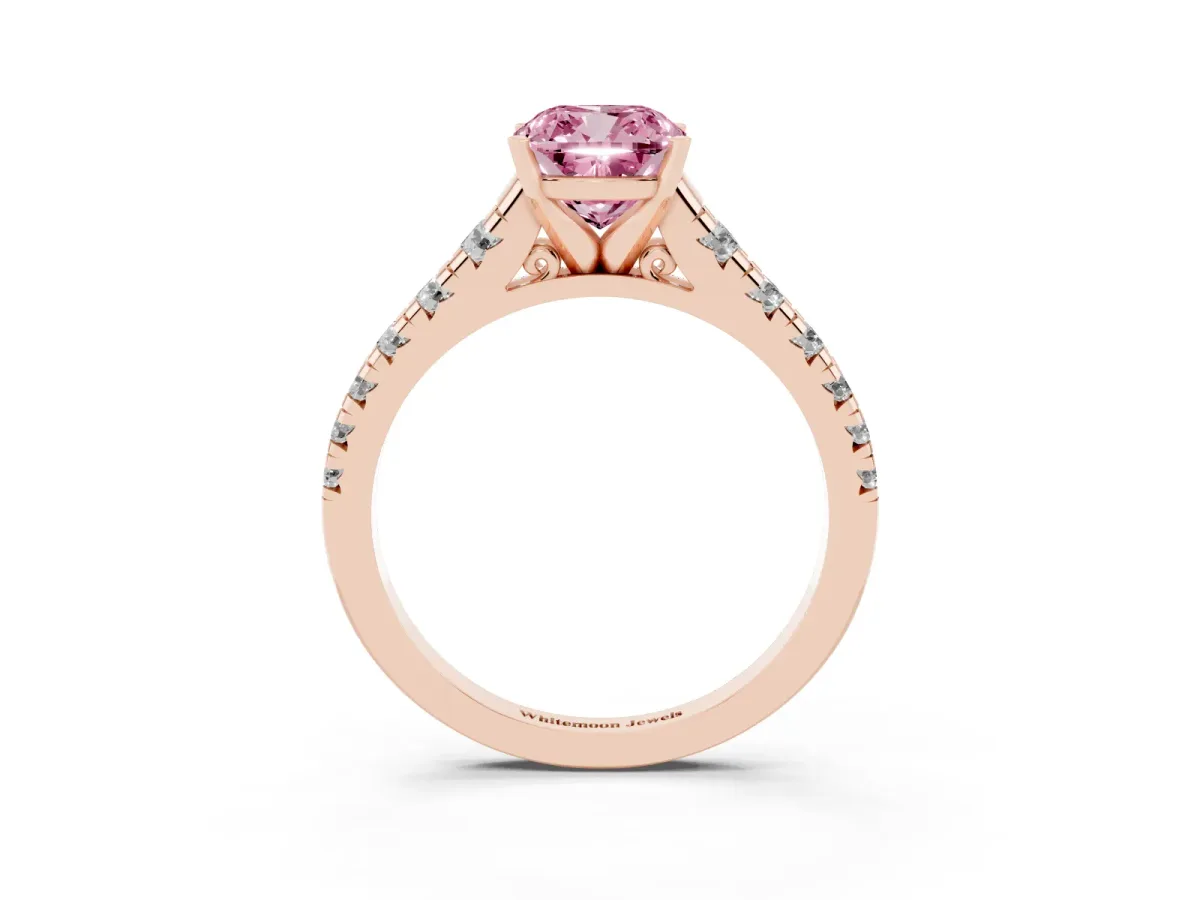 Fancy Pink Cushion Cut Diamond Cathedral Solitaire Ring with Round Pavé Band Rose gold
