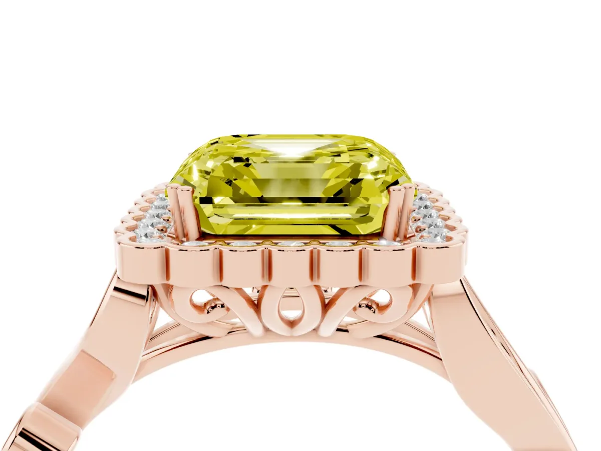 Fancy Yellow Asscher Cut Diamond Halo Ring with Vintage Split Shank and Four-Prong Setting Rose gold