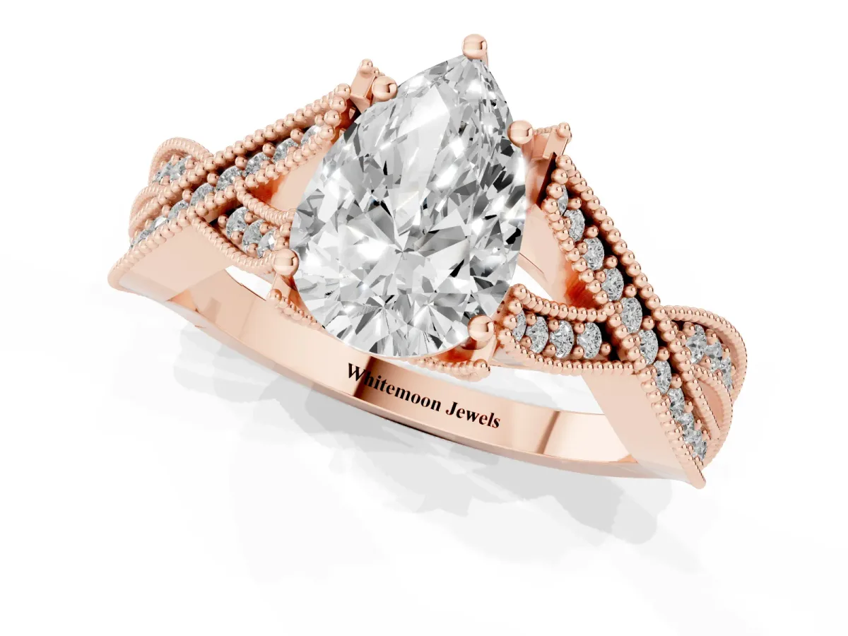Pear Cut Cut Diamond Twisted Band with Milgrain Pave Setting and Four-Prong Setting Rose gold