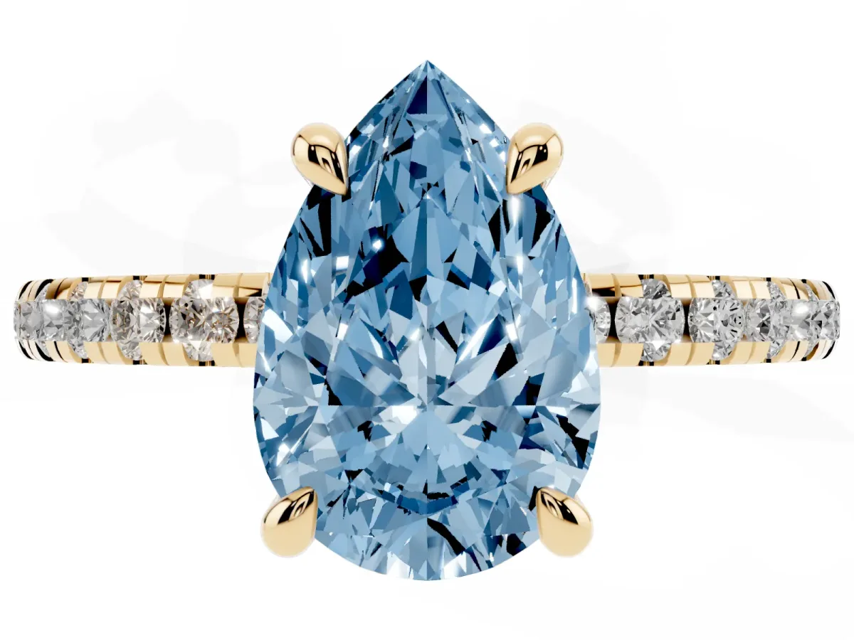 Fancy Blue Pear Cut Diamond Brilliant Solitaire Ring with Pavé Band and Four-Prong Setting Yellow gold