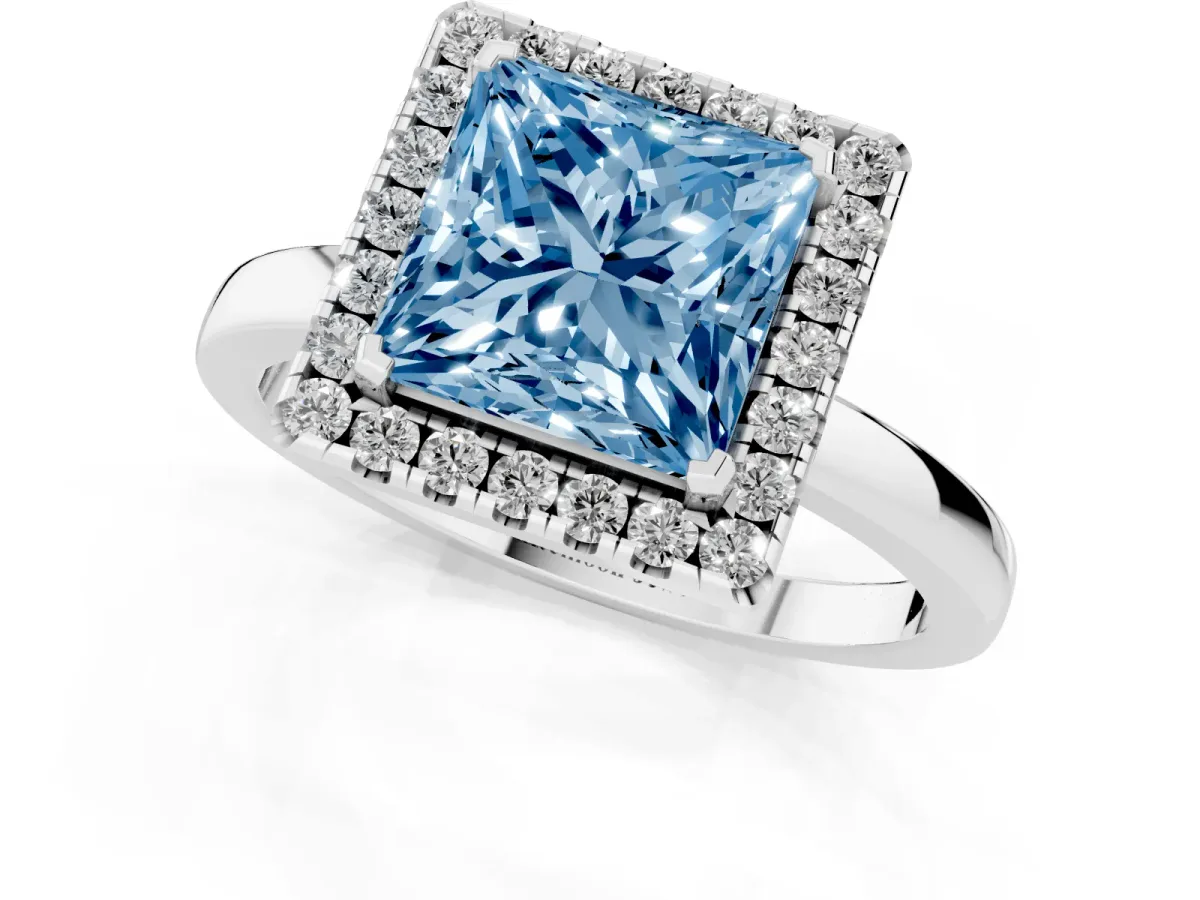 Fancy Blue Princess Cut Halo Diamond Solitaire with Pavé Band and Four-Prong Setting White gold