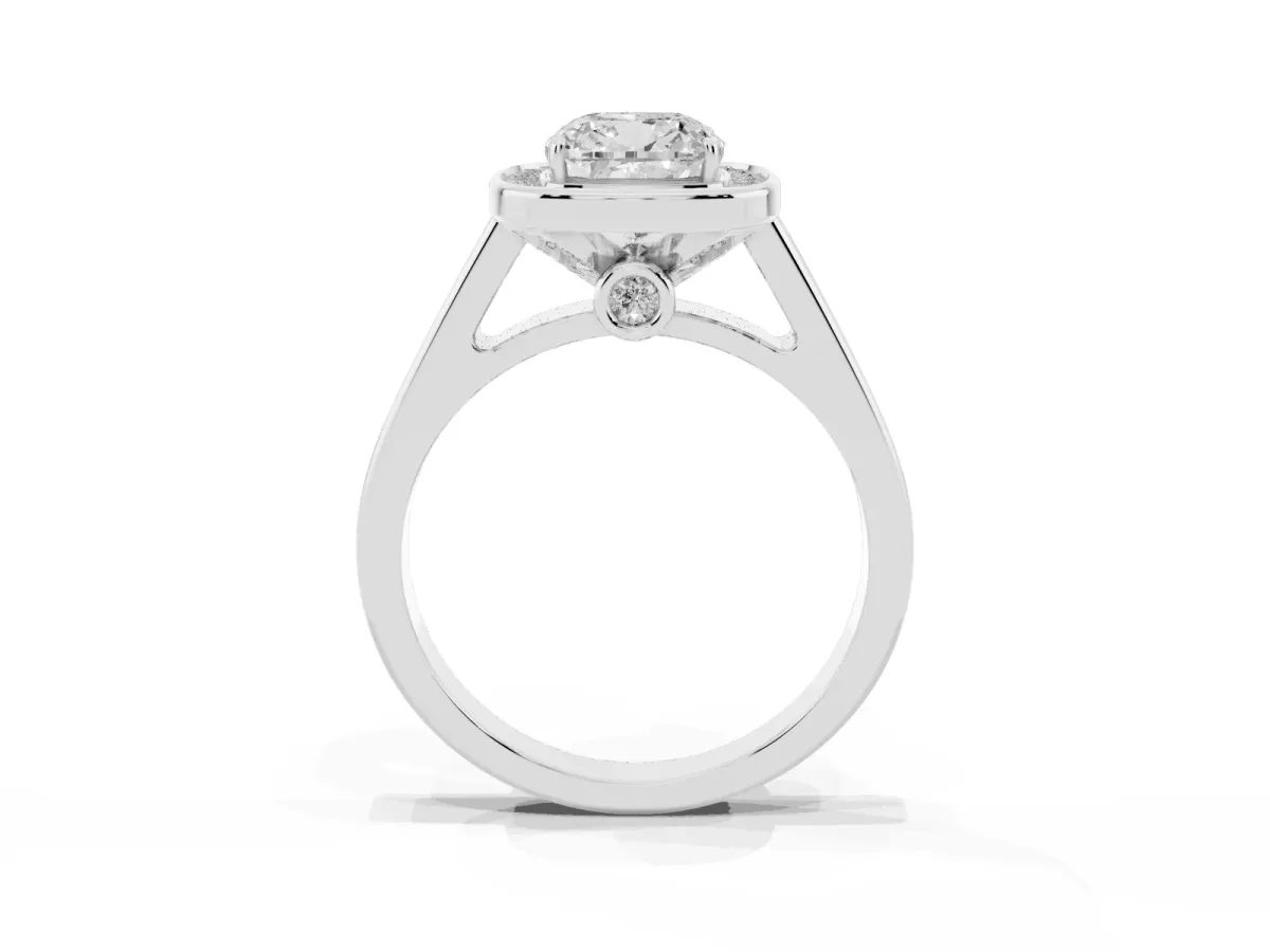 Cushion Cut Halo Solitaire Diamond Ring with Pave Band and Bezel Setting Silver