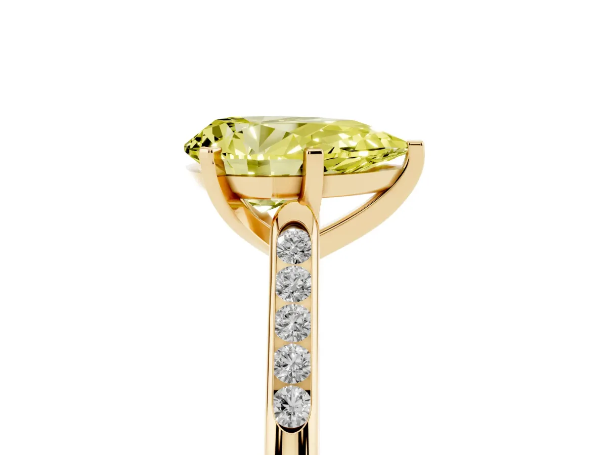 Fancy Yellow Pear Cut Diamond Solitaire Ring with Channel Set Round Band and Prong Setting Yellow gold