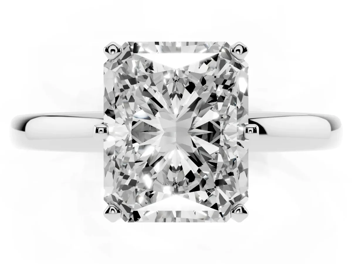 Radiant Cut Solitaire Diamond Ring with Six-Prong Setting on a Classic Band Platinum