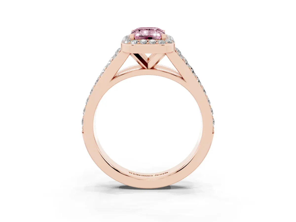 Fancy Pink Emerald Cut Diamond Split Shank Halo Ring with Four-Prong Setting Rose gold