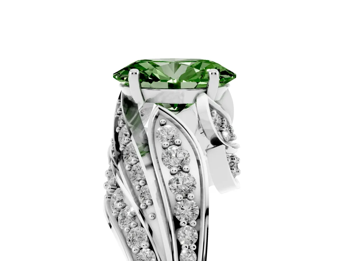 Fancy Green Oval Cut Diamond Solitaire Ring with Prong Setting and Twisted Pavé Band Silver