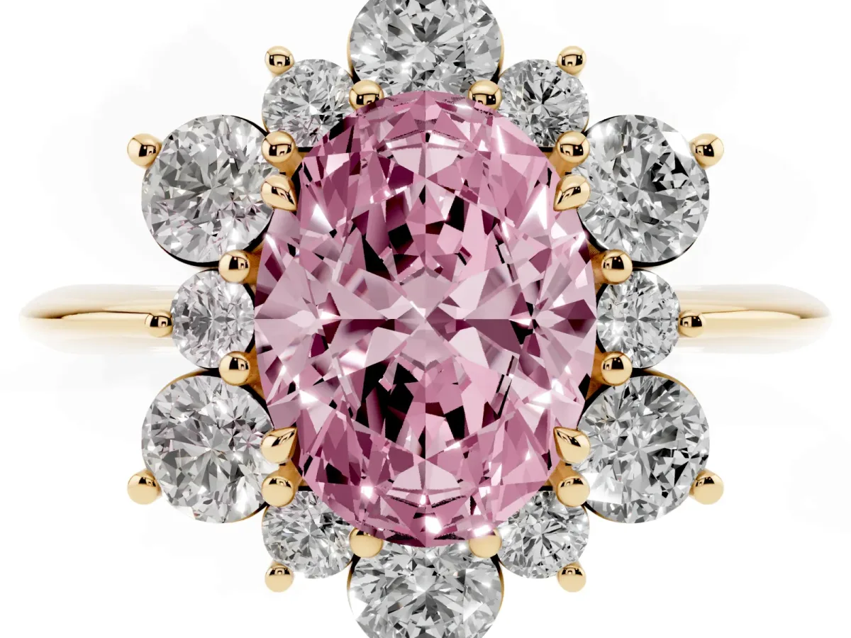 Fancy Pink Oval Cut Diamond Cluster Halo Ring with Solitaire Band and Four-Prong Setting Yellow gold