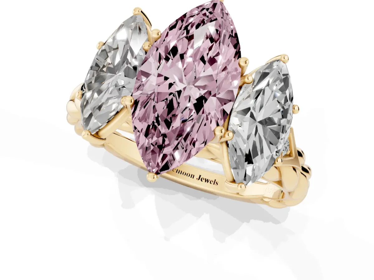 Fancy Pink Three-Stone Marquise Cut Diamond Braided Band Ring with Four-Prong Setting Yellow gold