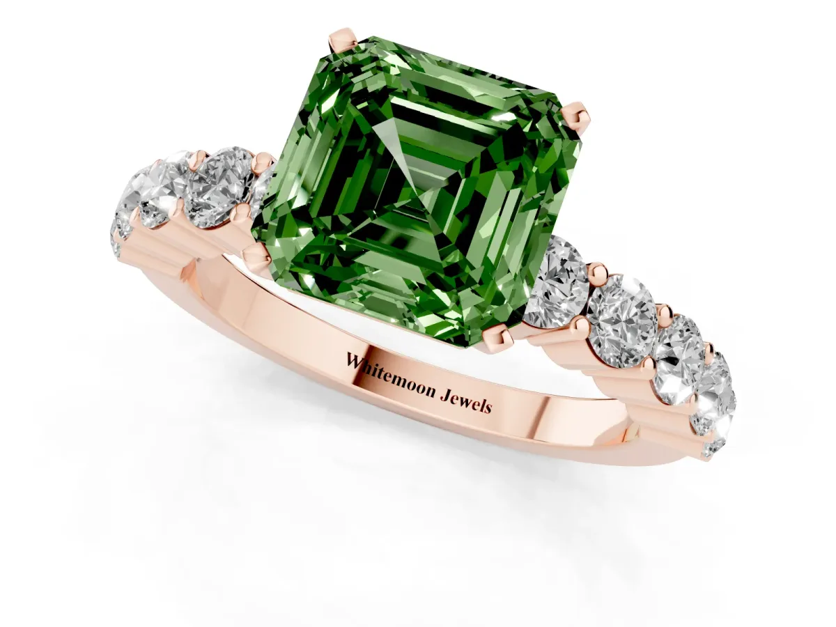 Fancy Green Asscher Cut Diamond Solitaire Ring with Shared Prong Round Side Stones Rose gold