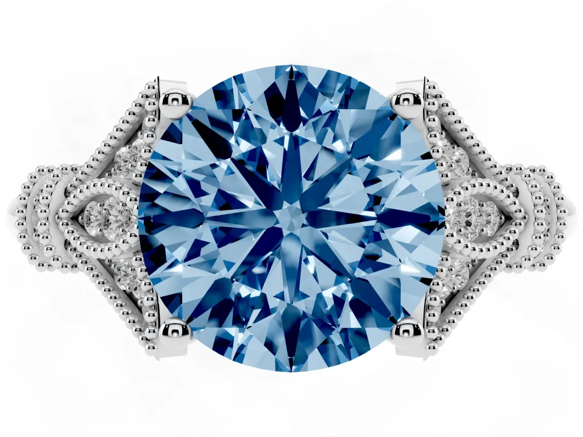Fancy Blue Round Cut Diamond Solitaire Ring with Floral Filigree and Pave Accents White gold