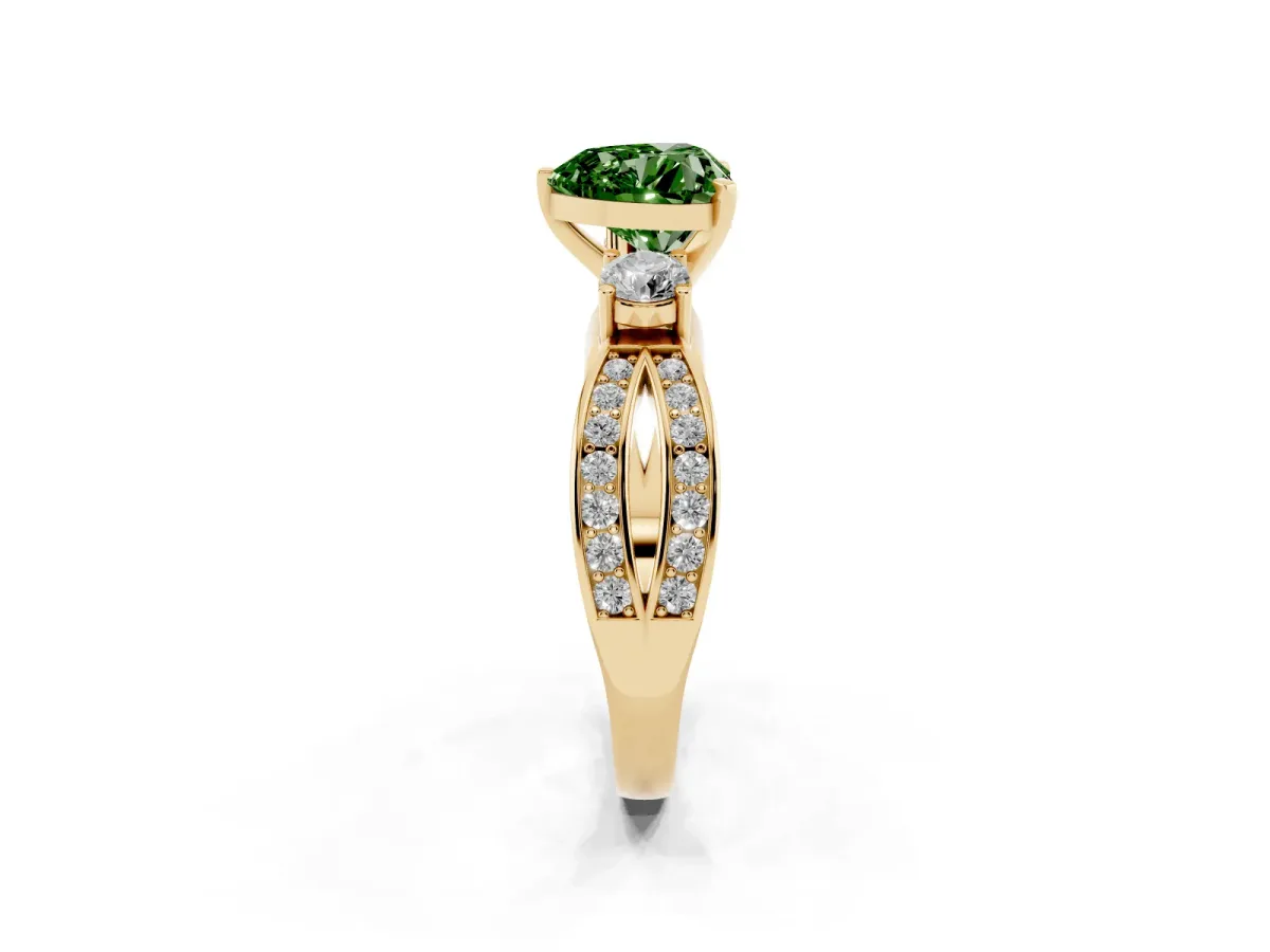 Fancy Green Three-Stone Heart Cut Cut Diamond Twist Band with Prong Setting Yellow gold