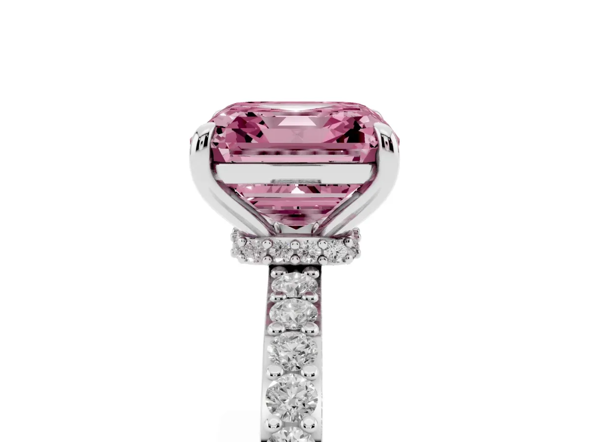 Fancy Pink Asscher Cut Diamond Solitaire Engagement Ring with Pavé Band and Four-Prong Setting Silver