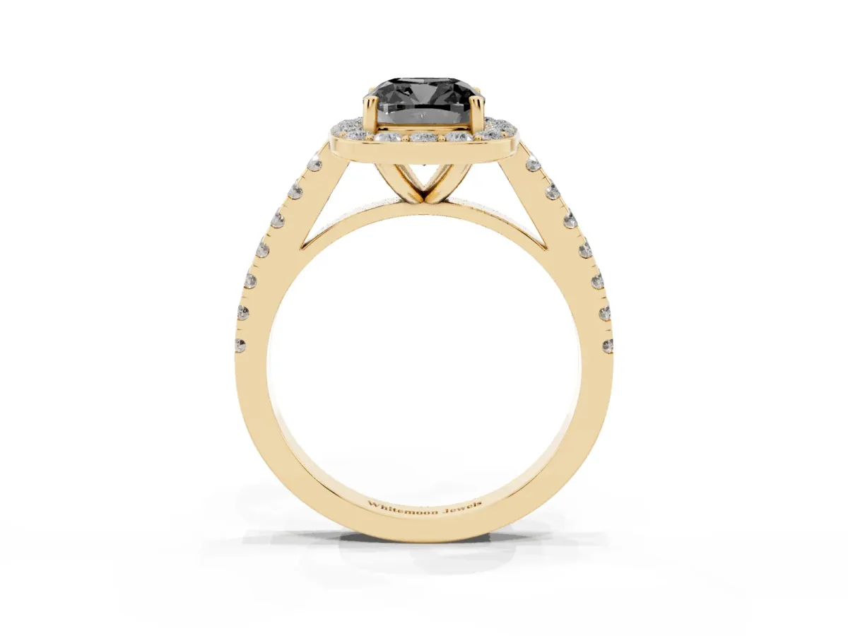 Fancy Black Cushion Cut Diamond Halo Ring with Round Pavé Split Shank and Prong Setting Yellow gold