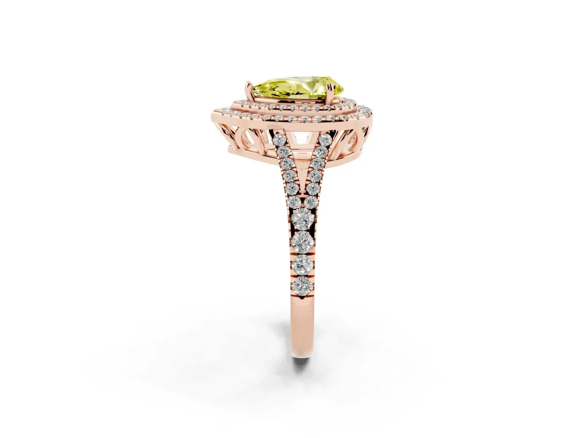 Fancy Yellow Pear Cut Diamond Double Halo Ring with Pavé Band and Prong Setting Rose gold