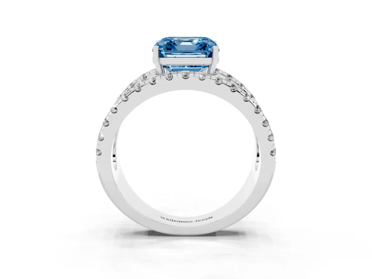 Fancy Blue Asscher Cut Solitaire Split Shank Pave Diamond Ring Platinum